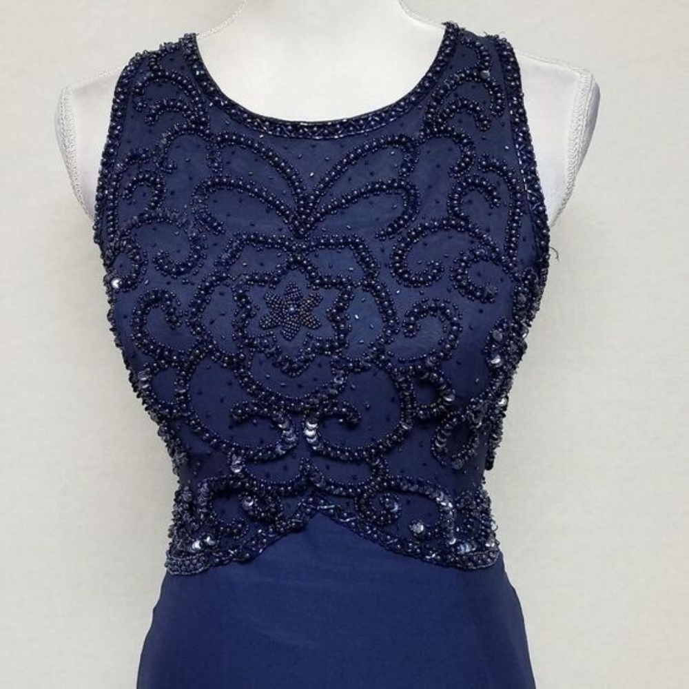 Rare Vintage 70s Blue Silk Chiffon Beaded Sequin High Neck Sleeveless Maxi Dress - Picture 4 of 14